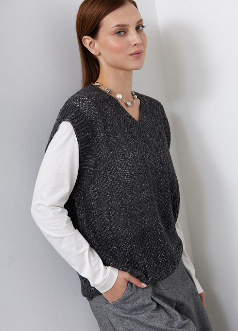 Жилет ажурный с люрексом женский,  серый цвет