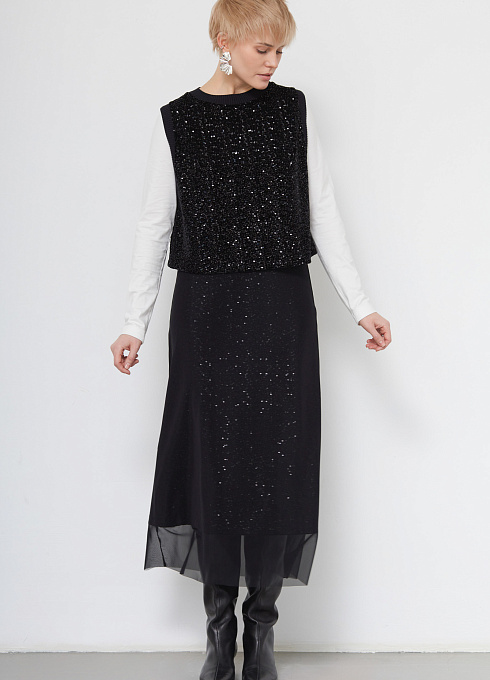 Юбка двуслойная с пайетками женская, чёрный цвет
