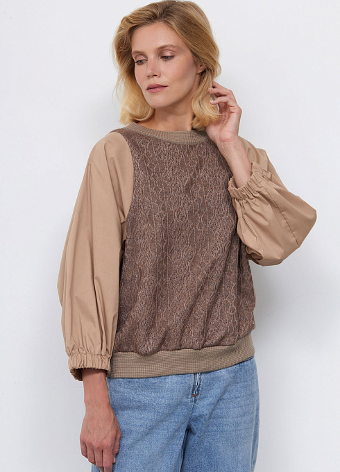 Джемпер комбинированный с узорами женский,  бежевый цвет
