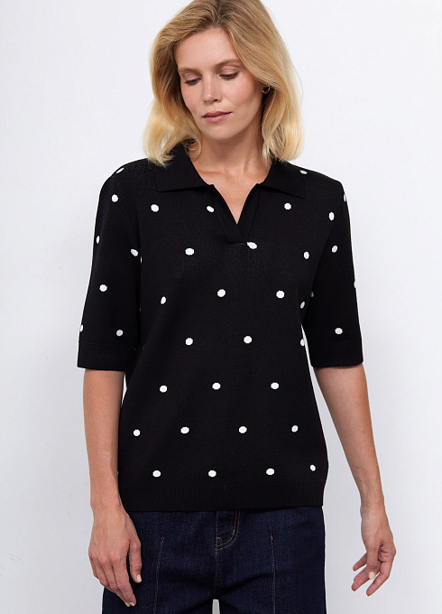 Джемпер-поло в горошек женский, чёрный цвет