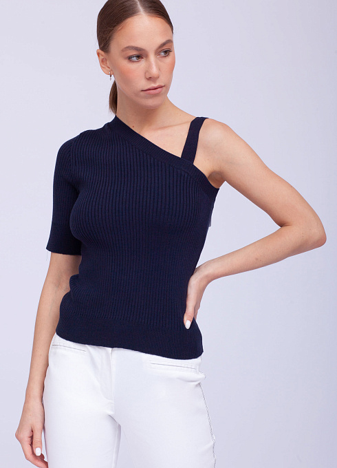 Вязаный топ на одно плечо женский, синий цвет