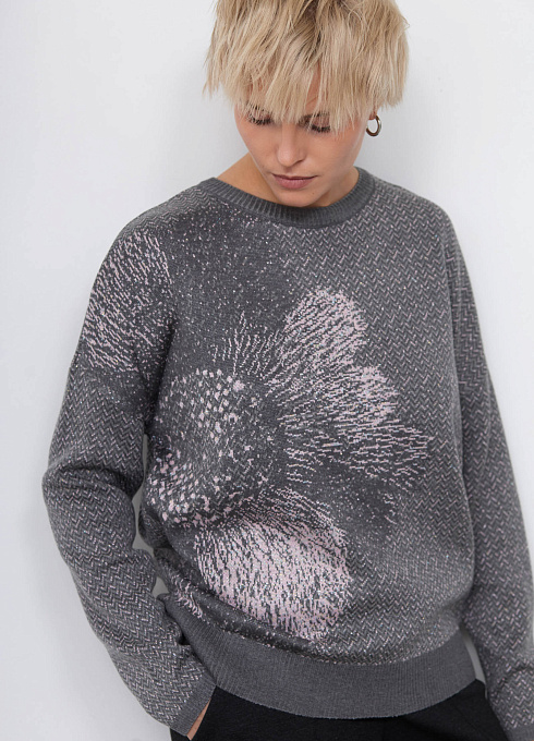 Джемпер жаккардовый с цветком женский, серый цвет