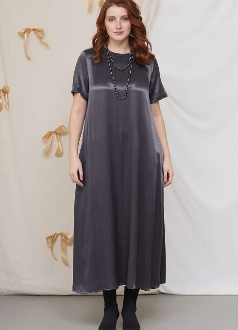 Платье длинное из атласа женское,  серый цвет