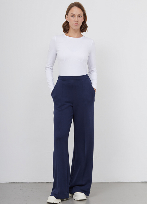Брюки широкие из футера женские, цвет синий