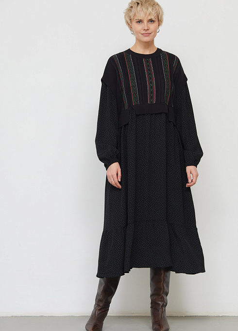 Платье комбинированное в горошек женское, чёрный цвет