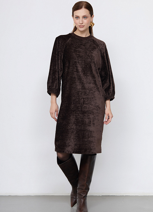 Платье из жатого бархата женское, коричневый цвет