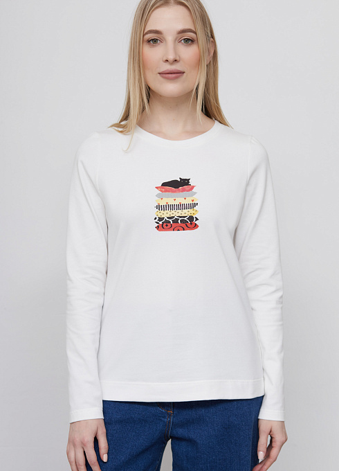 Лонгслив из вискозы с печатью женский, белый цвет