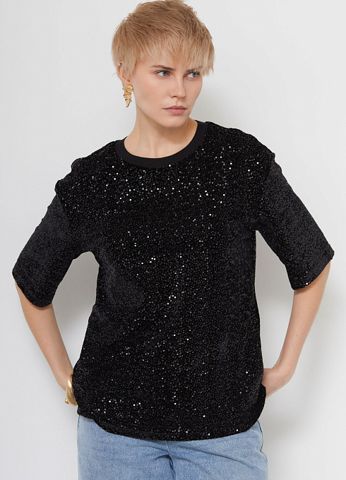 Футболка из бархата с пайетками женский, чёрный цвет