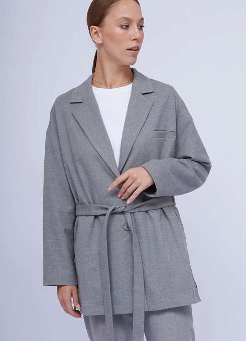 Жакет удлиненный с поясом женский, серый цвет