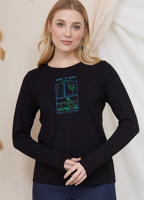 Лонгслив с авторским принтом женский, чёрный цвет