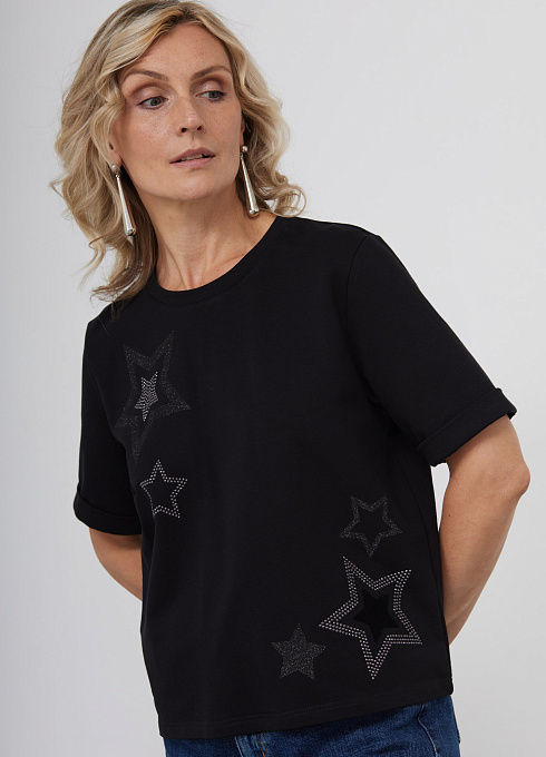 Футболка с принтом из страз женский,  чёрный цвет