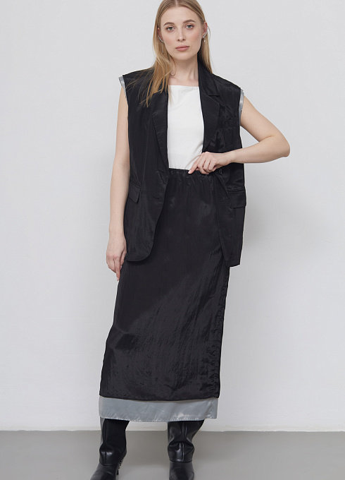 Юбка двуслойная с разрезом женская,  чёрный цвет