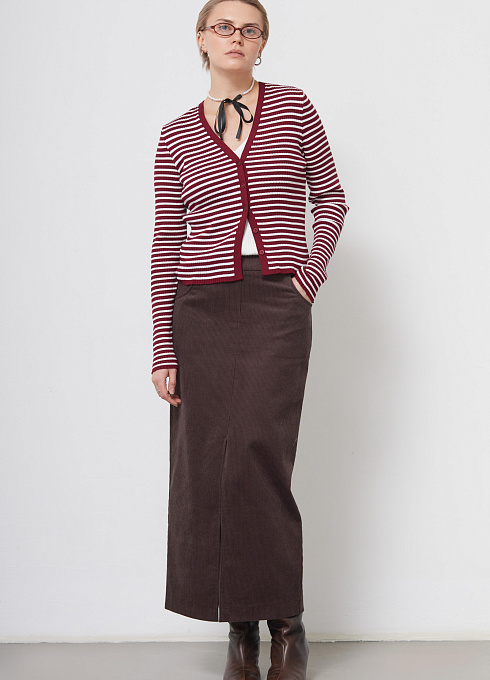 Юбка вельветовая с разрезом женская,  коричневый цвет