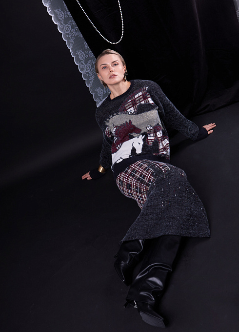 Юбка из пушистого трикотажа с разрезом женская,  многоцветный цвет