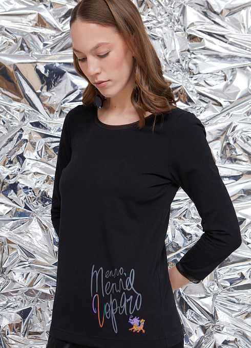Лонгслив с новогодним принтом женский,  чёрный цвет