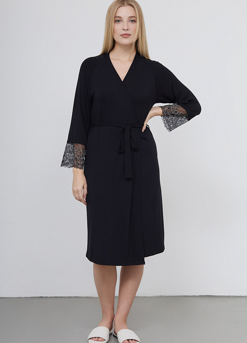 Халат трикотажный с поясом для женщины, чёрный цвет